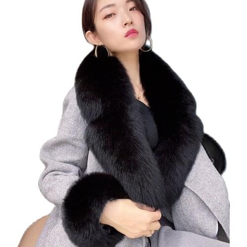 90CM Fox fur winter 100% silver fox fur collar full leather red fox scarf shawl real plush coat mens leather jacket bib fur co