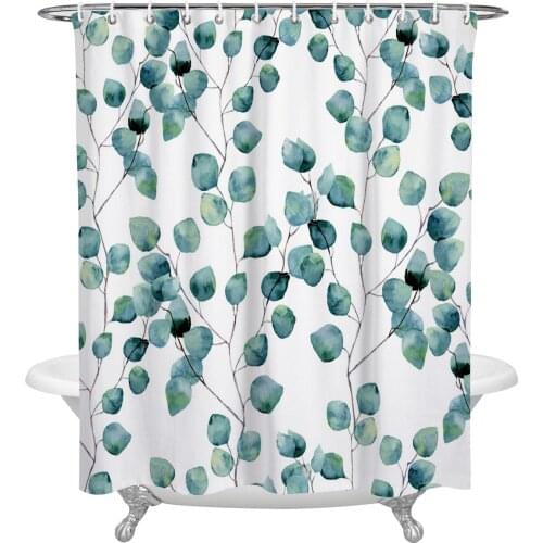 Green Leaves Branches Bathroom Shower Curtain Polyester Fabric Waterproof Shower Curtains with Hooks