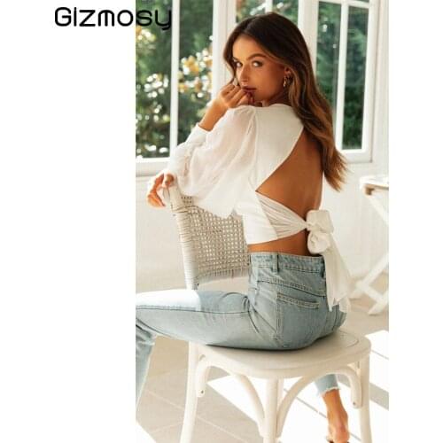 Women Pullover Shirt Sexy V-neck Lantern Sleeved Short Cropped Slim Fit Blouse White Chiffon Female Casual Lace Bow Tops ZS142