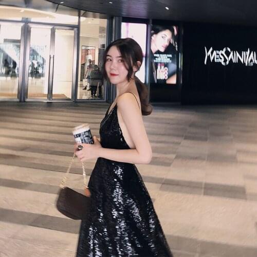 Ladies Elegant Wedding Party Dress V-Neck Waist Backless Sequins Sling Dress Women Sexy Evening Little Black Dress Prom Dress