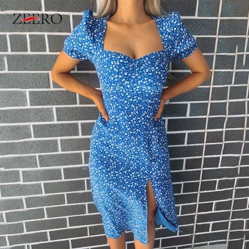 Summer Women Sexy Puff Sleeve Side Split Floral Print Midi Beach Dress Elegant Ladies Vintage Squran Neck Party Dresses Vestidos