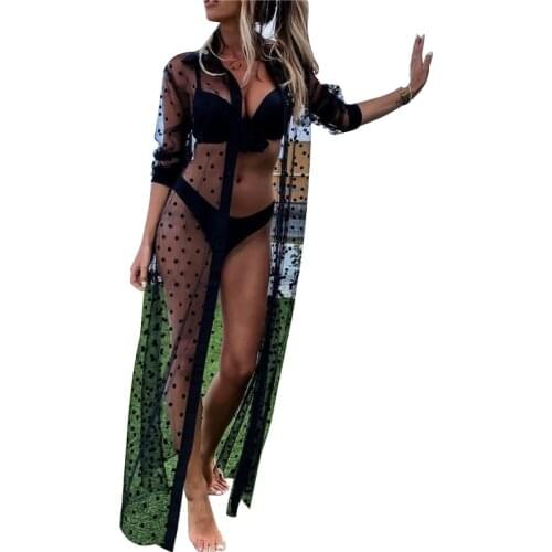 2021 Women Polka Dot Beach Dresses Sexy Lapel Long Sleeve Mesh Perspective Clothing Bathing Suit Cover Ups Maxi Dress
