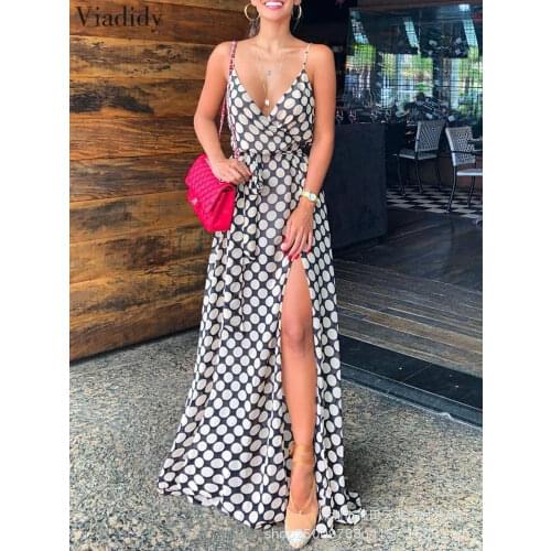 Women Sexy Spaghetti Strap Deep V Neck Polka Dot Maxi Dress