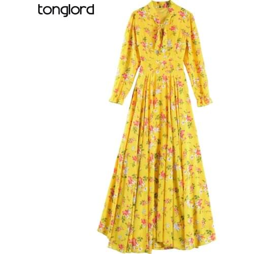 Women Floral Print Dress With Lining Autumn Long Sleeve Female Bow Collar Chiffon Maxi Swing Dress Mujer Vestidos Plus Size 4XL