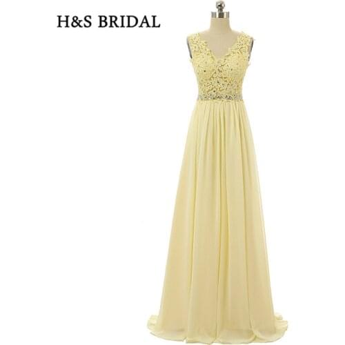 H&S Bridal Long Yellow V Neck Sleeveless Chiffon Formal Evening Gowns Lace Appliques Open Back Women Party Prom Dresses
