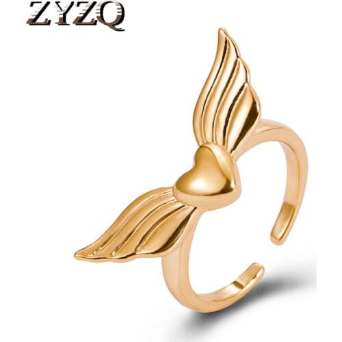 ZYZQ Trendy Ins Engagement Open Ring For Women Metal Heart-Shaped Angel Wing Ring Elegant Rings Female Wedding Jewelry