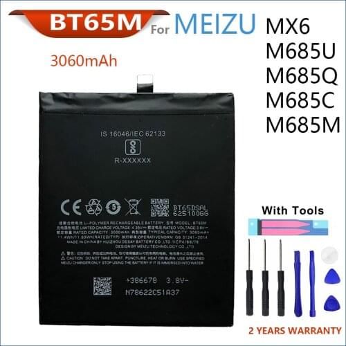 100% Genuine BT65M Battery For MEIZU MX6 M685U/M685Q/M685C 3060mAh Mobile Phone Batteries With Gifts Tools