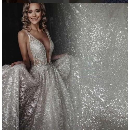 125 CM wide 1 yard sequins sparkle luxury gorgeous Embroidery White wedding grown dresslace fabric couture lace fabric