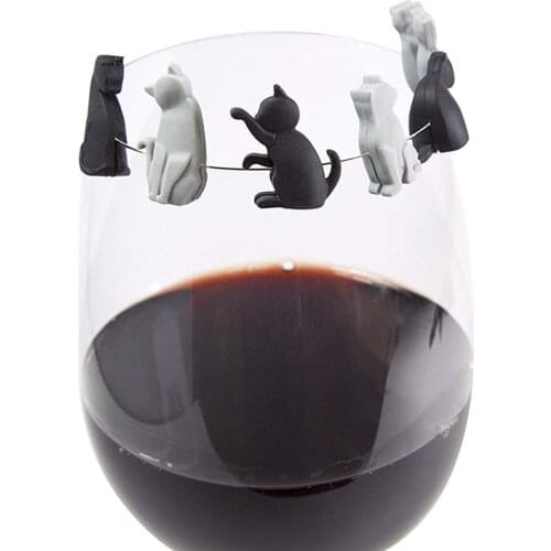 6Pcs/Set Silicone Meow Wine Glass Markers Black and White Cat Drinking Buddy Cup Identification Tea Bag Holders