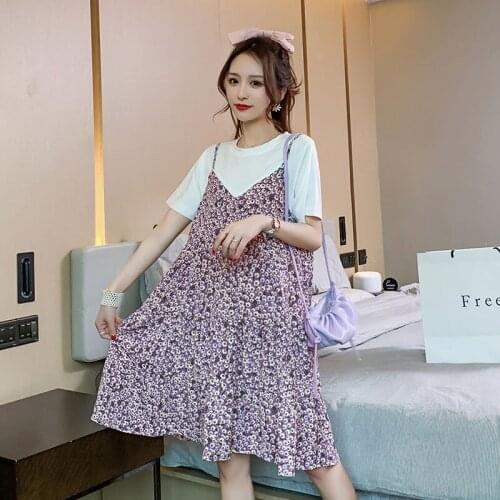 6852# Maternity Clothes Summer Cotton False Two-piece Loose Floral Dress for Pregnant Women Pregnancy Clothes
