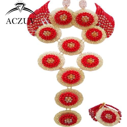 ACZUV Brand Red and Gold Crystal Classic African Jewelry Set Costum Jewelry Sets for Women A10R021