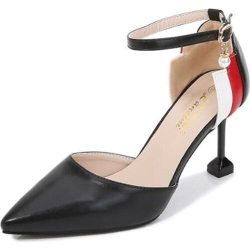 Women Sandals Women High Heels Sandals Summer Shoes PU Buckle Strap 6CM 8CM Thin High Heels Pointed Toe Shallow Back Strap black