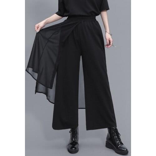 Summers new chiffon patchwork wide leg trousers large casual casual nine point trousers mesh patchwork thin trousers