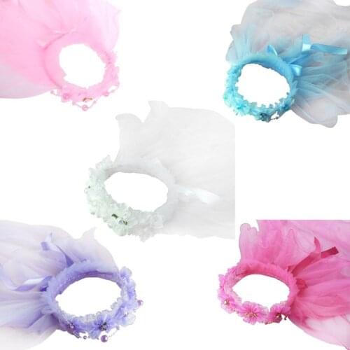 Children Girls Princess Hairband Double Layers Tulle Veils Flowers Garland Ruffles Floral Lace Satin Lace Up Ribbon Wreath Chain