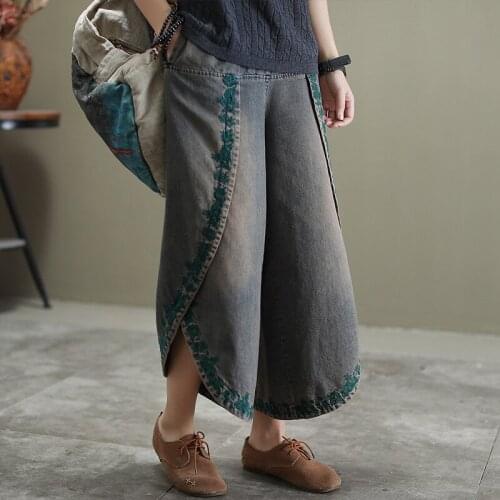 Female new spring and summer Retro embroidery flowers elastic waist old distressed wide leg pants cropped jeans pants