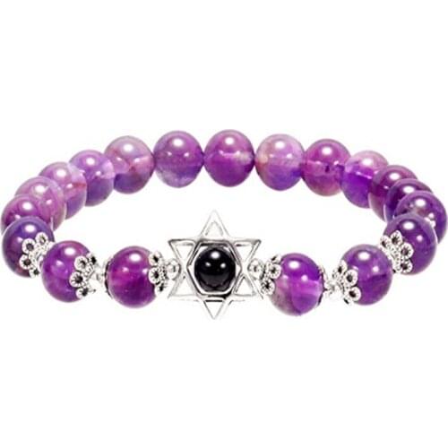 FYJS Silver Plated Star of David Connect Round Beads Elastic Bracelet Natural Purple Amethysts Stone Jewelry