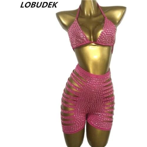 Summer Pink Rhinestones Bra High Waist Shorts Set Sexy Hollow Hole Crystals Outfits Bar Club Lady Singer DJ Dancer Show 2-Pieces