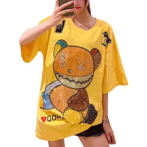 Summer Harajuku Bear Diamonds T-shirts Women Loose Ropa Mujer Drilling T shirts Clothes Black Tshirt Plus Size Tops Tees