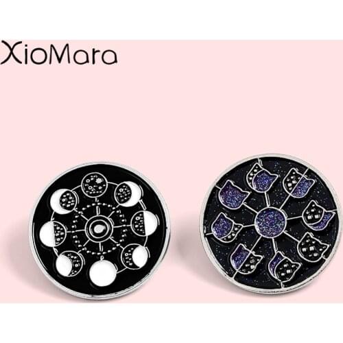 Lunar Phase Enamel Pins Black Cat Moon Stars Witch Witchcraft Magic Astrology Animal Jewelry Badges Brooches Lapel Pins For Kids