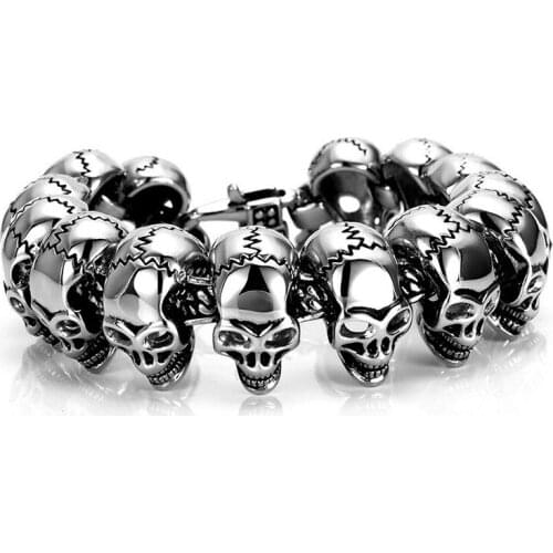 Vintage Skull Head Charm Mens Hand Bracelet Stainless Steel Punk Skeleton Male Wrap Bracelet Bangle European Rock Jewelry