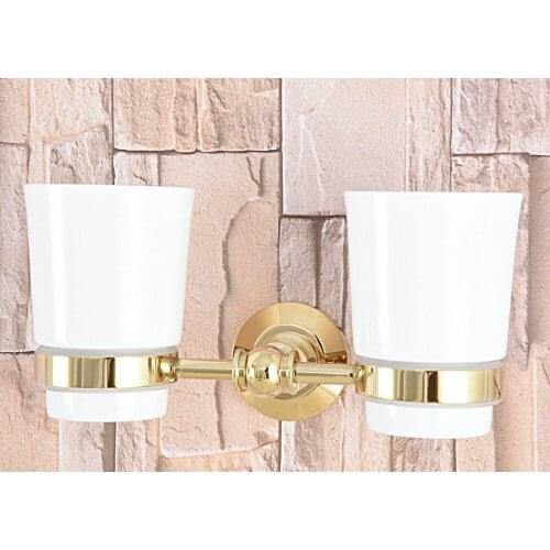 Wall Mounted Luxury Gold Color Brass Bathroom Toothbrush Holder Set Bathroom Accessory Dual Ceramic Cup mba315