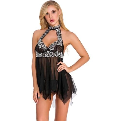 Underwear Sexy Dress Set Women Lingeries Hanging Neck Lace Emboidery Design Hollow Irregular Dress + G-string Erotic Lingerie