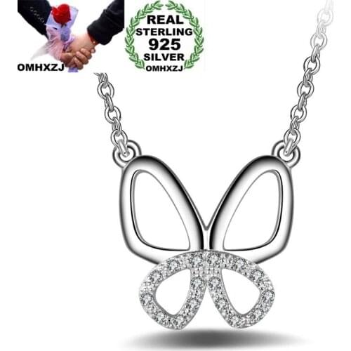 OMHXZJ Wholesale Personality Fashion OL Woman Girl Gift Hollow Butterfly AAA Zircon 925 Sterling Silver Pendant Necklace NC91