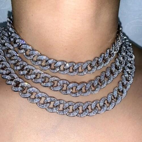 Iced out bling baguette cz cuban choker necklace for women hip hop bling silver color high quality women jewelry
