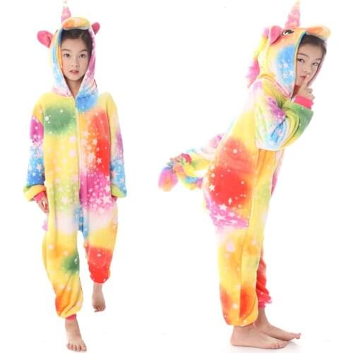 Kigurumi Unicorn Pajamas Kids Winter Flannel Cartoon Onesies Girls Rainbow Nightie Boys Unicornio Stitch Pajama 4 6 8 10 12Year