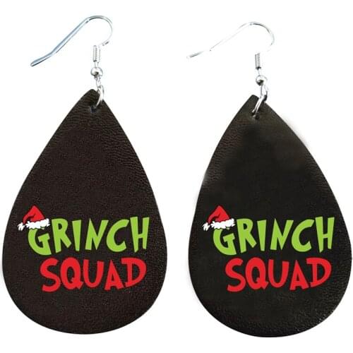 Christmas Eve Gift Grinch Earrings Faux Leather Glitter New Year Day Teardrop Leaf