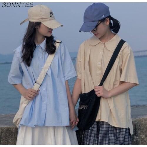 Shirts Women All-match Peter-pan-collar Streetwear Friends Y2k Solid Summer Half-sleeve Casual Ulzzang Leisure Stylish Japanese