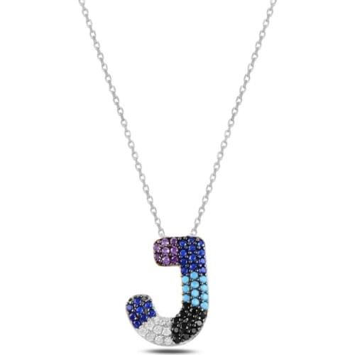 Silver 925 Set-J-Letter Colorful Zircon Stone Ghost Pendant