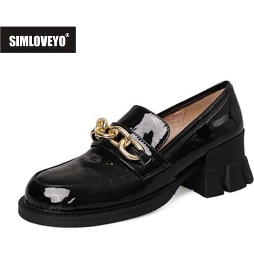 SIMLOVEYO 2021 Genuine Leather Pumps Lofers Metal Chains Round Toe Platforms Slip On 5.5CM Thick Sole Block Heel US9 Black A4445