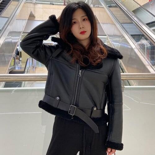 Women Natural Sheepskin Jacket 2021 New Fashion Cropped Biker Jacket High Quality Overcoat Free Shipping
