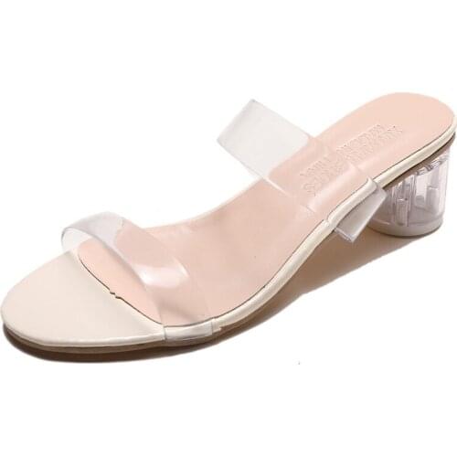 2020 Summer New Transparent Crystal Shoes Thick Middle Heels Cool Women Shoes Woman Mules Solid Ladies Shoes Slides Slippers
