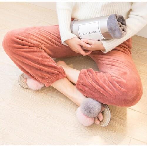 Lady Solid Color Elastic Waist Ankle Tie Warm Coral Fleece Pajama Pants Trousers