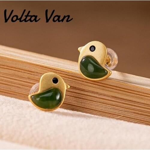 Volta Van 2021 New Women Stud Earrings 925 Sterling Silver Elegant Natural Jasper Fine Jewelry Cute Bird Vintage Earrings