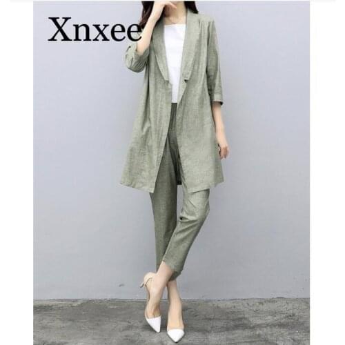 Green 2 Pieces Sets 2020 Spring Autumn Women Suits Cotton Linen Blazers Casual Elegant Office Ladies Style Long Pants Set