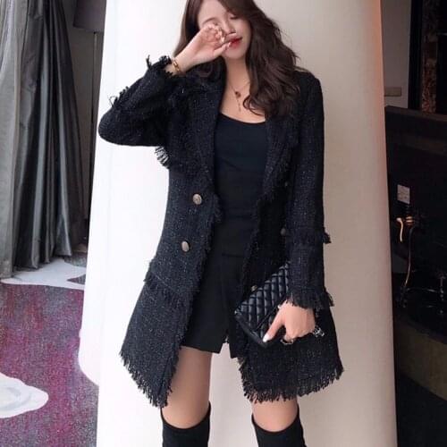 High-end wild small fragranc bright silk tweed jacket female autumn and winter lapel was thin Hepburn wind long woolen suit coat