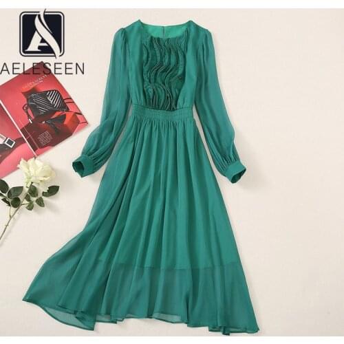 AELESEEN Womens Spring Autumn Green Dress Long Lantern Sleeve Ruffles Elegant Party Holiday Female Chiffon Dress