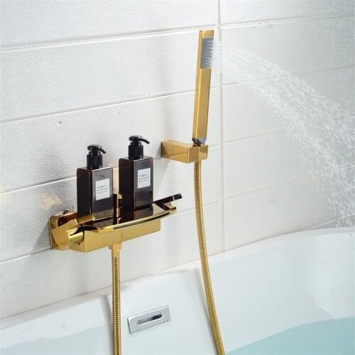Onyzpily Golden Waterfall Shower Bath Set Black Retro Bathroom Shower Mixer Faucet Tap Dual Handle Bath Shower Set Handheld Head