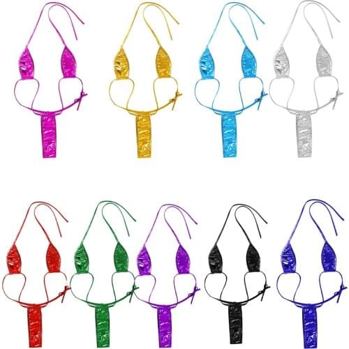 1pcs Women Shiny Metallic Lingerie Bodysuit Halter Neck Backless Self-tie G-String Mini Micro Thong Nightwear Swimwear