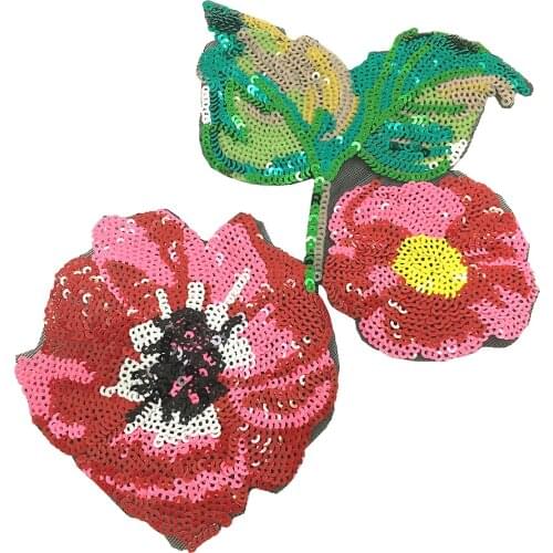 2pc Sew On Red Flower Sequin Patch 3D Applique Beaded Flowers Patches For Clothing Bags Appliques Parches DIY 22x18cm AC1060