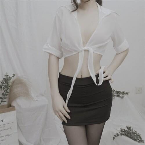 2020 Sexy Secretary Suit Uniform Temptation Lingerie Long-Sleeved Lace-Up Navel Milk Silk Wrap Hip Skirt Striped Chest Leaking