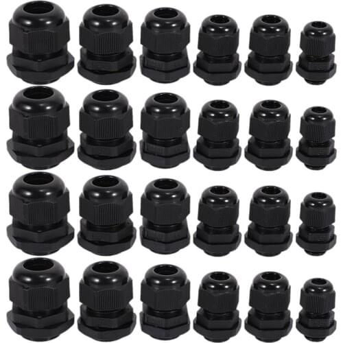 24 Pcs Plastic Waterproof Adjustable 3.5 - 13mm Cable Gland Joints, PG7, PG9, PG11, PG13.5, PG16, Pack of 24