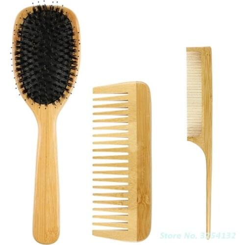 3 Pcs Wooden Bamboo Hair Brush and Tail Comb Set Air Cushion Massage Detangling Wide Tooth No Static Hairdressing for Women Men