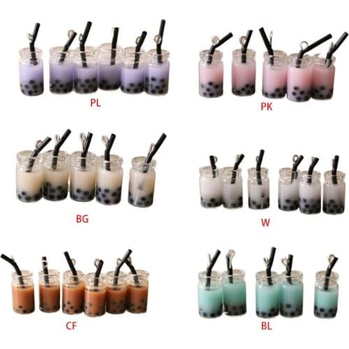 5Pcs 3D Miniature Kawaii Pearl Milk Tea Cup Pendants Resin Figurine Charms for DIY Jewelry Craft Earring Keychain Accessories