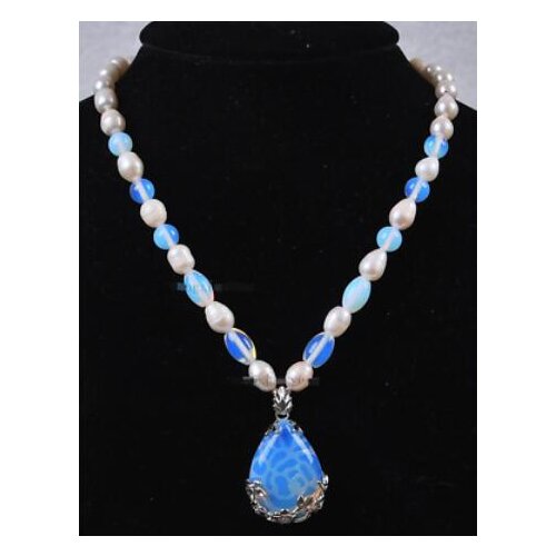 7-8mm Natural White Akoya Pearl & jade Round Beads Necklace 18"