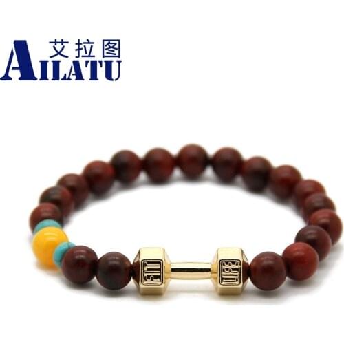 Ailatu 8mm Red Wood Beads Fitness Fashion Motivate GYM Dumbbell Bracelet Mens Barbell Jewelry