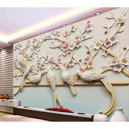 Beibehang Custom Wallpaper papel de parede 3D murals Flower and Bird Relief Background Wall Flower Bird Figure 3D Wallpaper